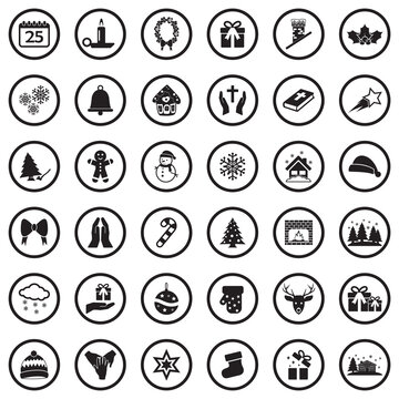 Christmas Icons. Black Flat Design In Circle. Vector Illustration.