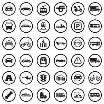 City Transport Icons. Black Flat Design In Circle. Vector Illustration.