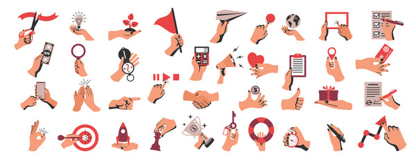 Set of colored hands with objects. Collection of hand gestures. Business elements, documents and digital devices. Money and credit card. Vector illustration flat design. Isolated on white background