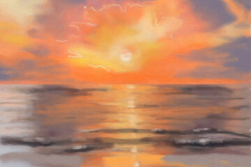 Bright sunrise, sunset over the tropical sea, watercolor hand drawn illustration.