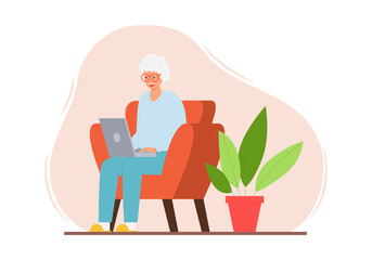 A happy elderly woman is sitting in a chair in a home interior with a laptop. A smiling adult modern grandmother with gray hair uses a computer. Color vector illustration on a spot background.