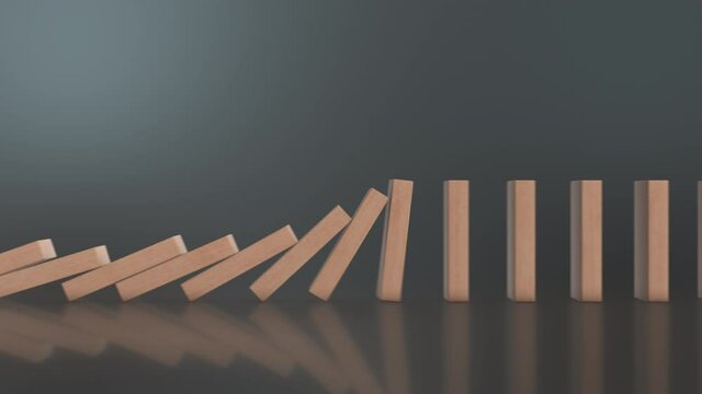 close-up view of falling domino wooden blocks on reflective background, copy space (3d render)