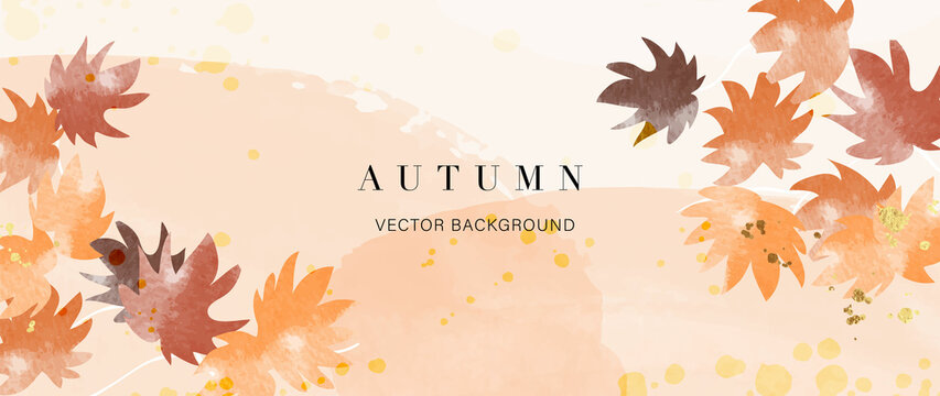 Autumn background vector. Hand painted watercolor and gold brush texture, Flower and botanical leaves hand drawing. Abstract art design for wallpaper, wall arts, cover, wedding and  invite card.  