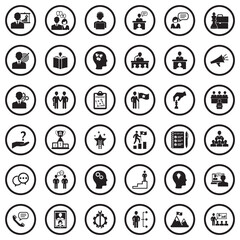 Coaching Business Icons. Black Flat Design In Circle. Vector Illustration.