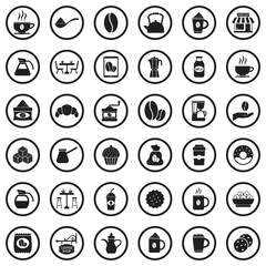Coffee Icons. Black Flat Design In Circle. Vector Illustration.