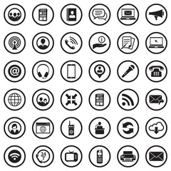 Communication Icons. Black Flat Design In Circle. Vector Illustration.