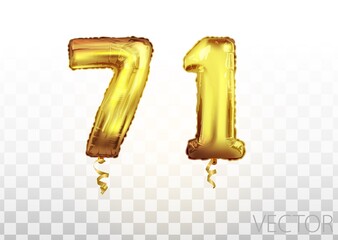 vector Golden foil number 71 seventy one metallic balloon. Party decoration golden balloons. Anniversary sign for happy holiday, celebration, birthday, carnival, new year. art