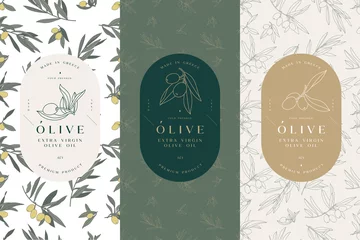 Foto op Canvas Vector set labels with olive branch - simple linear style. Emblems composition with olives and typography. Seamless pattern. © oxygen_8
