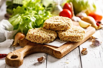 Raw chicken hamburger cutlet breaded with paprika and garlic. Homemade minced poultry cutlet with spices. Fresh lettuce leaves, tomatoes and onions. White rustic background. Copy space