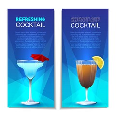 Banners with cocktails. Vector illustration of realistic glasses with refreshing and chocolate cocktails on a blue background.