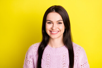 Photo of millennial brown hairdo lady wear pink sweater isolated on vivid yellow color background