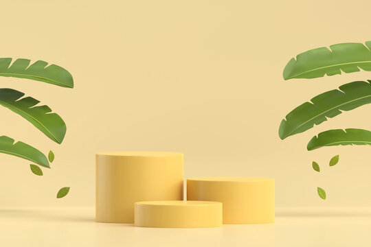 Abstract Yellow Podium Platform Product Display with Banana Leaves 3D Rendering