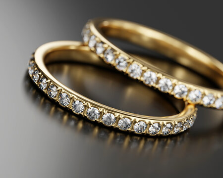 Gold Diamond rings Placed on glossy background macro focus main object 3d rendering