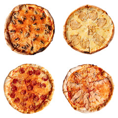 Appetizing set of different pizzas isolated on white