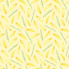 Watercolor yellow flower petals seamless pattern. Hand painted simple floral design with herbs on monocrome pastel background for textile, wrapping, fabrics, wallpaper, bed linen