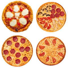 Isolated collage of various types of pizza on white