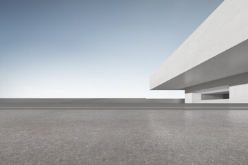 3d render of concrete block, building shape with empty cement floor.