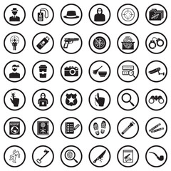 Detective Icons. Black Flat Design In Circle. Vector Illustration.