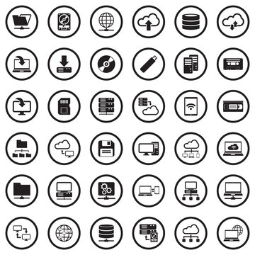 Data Storage Icons. Black Flat Design In Circle. Vector Illustration.
