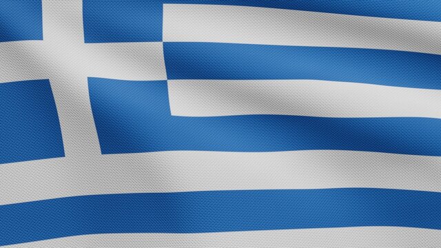 3D, Greek flag waving on wind. Close up of Greece banner blowing soft silk.