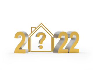 Golden number 2022 and a house with a question mark. 3d illustration 