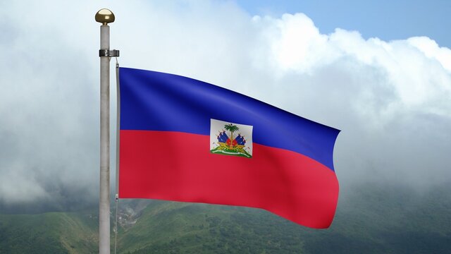 3D, Haitian flag waving on wind. Close up of Haiti banner blowing soft silk.