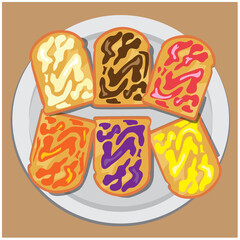 delicious toast vector illustration Apply with sweetened condensed milk, strawberry jam, orange jam, blueberry jam, pineapple jam, chocolate. put on a plate on a brown background