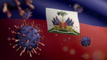 3D, Haitian flag waving with Coronavirus outbreak. Haiti Covid 19