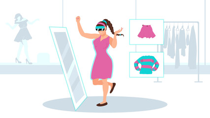 Young woman in a clothing store in a virtual fitting room. Shopping of the future with augmented reality glasses. Flat vector illustration