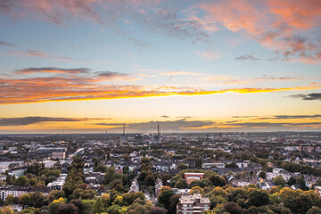 Romantic sunset over the skyline of Duisburg in autumn