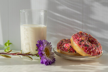 Fototapeta na wymiar Fresh donuts and a glass of milk for breakfast.