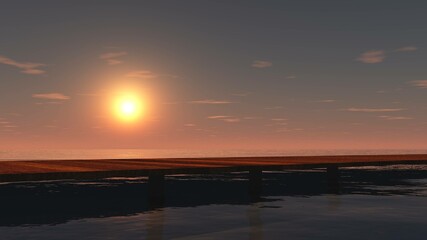Bridge at sunset, lake at sunrise, river in the sun, 3D rendering