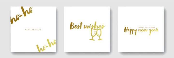 Christmas white and gold social media templates, square web banners with festive idea, golden typography, elegant and clean, metallic texture, minimalist instagram and facebook post layouts