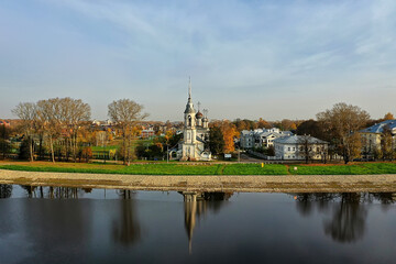 autumn vologda kremlin, drone top view, russia religion christian church