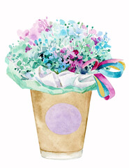 Watercolor illustration. A bouquet of colorful gypsophile flowers in a coffee cup.