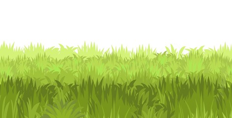 Lawn. Seamless illustration. Grass close-up. Green summer landscape. Rural pasture meadow. Cartoon style. Flat design. Isolated on white background. Vector art