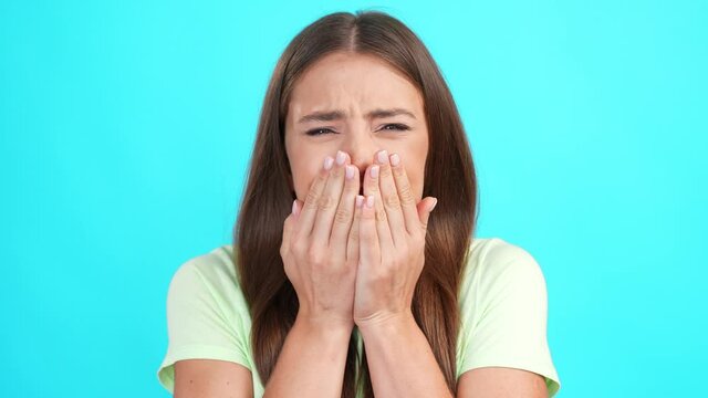 Crazy shocked guilty lady watch mistake consequences feedback reaction