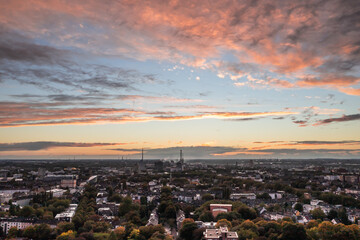 Romantic sunset over the skyline of Duisburg in autumn