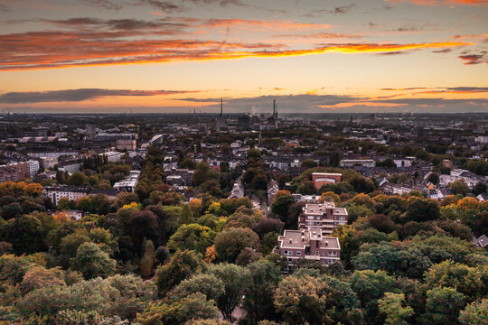 Romantic sunset over the skyline of Duisburg in autumn