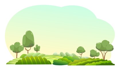 Rural garden hills. Farm morning cute landscape. Funny cartoon design illustration. Flat style. Isolated on white background. Vector.