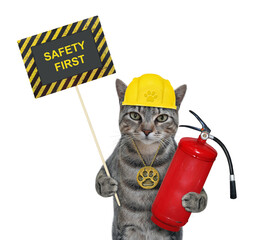 A gray cat in a construction helmet holds a fire extinguisher and a poster that says safety first. White background. Isolated.