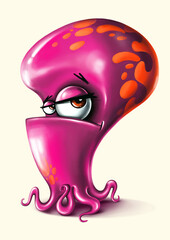 Funny cartoon pink monster with tentacles