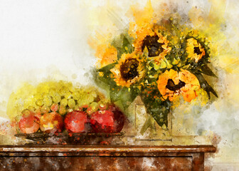 Sunflower bouquet painting in watercolor. Fruits in a bowl.