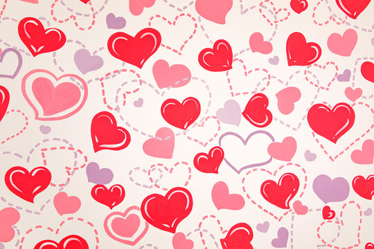 Colorful smooth clean and clear red heart shape dash line on plain pink wall pattern background, classic beautiful valentine celebration design decorative art style texture, High resolution wallpaper