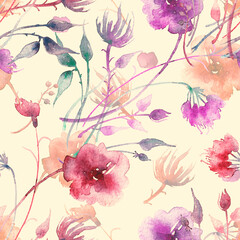 Watercolor seamless pattern, background with a floral pattern. vintage drawings of plants, flowers,branch, berry. Wild plant, grass. A beautiful branch with rose hips, lingonberries. Autumn pattern.