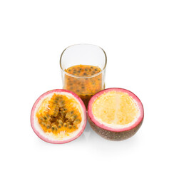 Passion fruit with fresh juice isolated on white background close-up