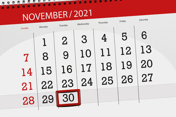 Calendar planner for the month november 2021, deadline day, 30, tuesday