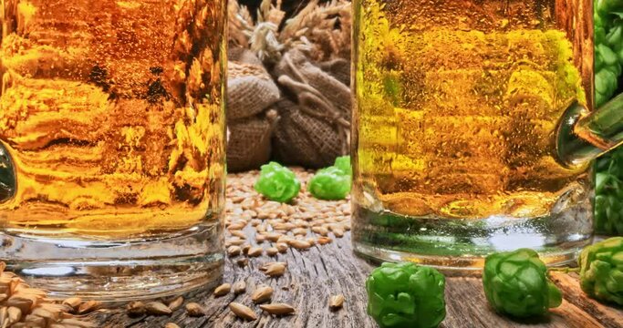 Green hops and malt. Ingredients for homemade beer. 