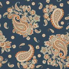 Room darkening curtains Beige Floral seamless pattern with paisley ornament. Vector illustration in asian textile style