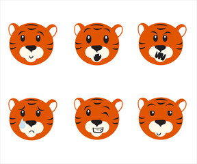 Cute tiger faces vector illustration. Icons of a cartoon tiger with different emotions